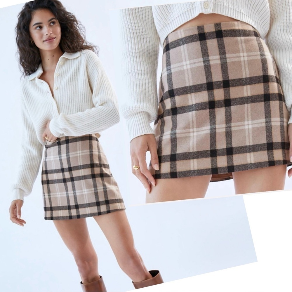 ARITZIA Wilfred Classic Wool A-line Mini Skirt Checkered in Brown Cream size S